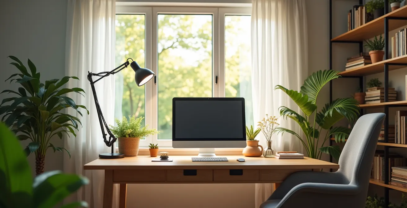 Espace de bureau à domicile lumineux avec équipements économes en énergie et isolation optimisée