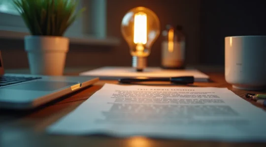 Photographie conceptuelle d'un contrat d'électricité pour auto-entrepreneur avec symboles d'énergie et travail indépendant