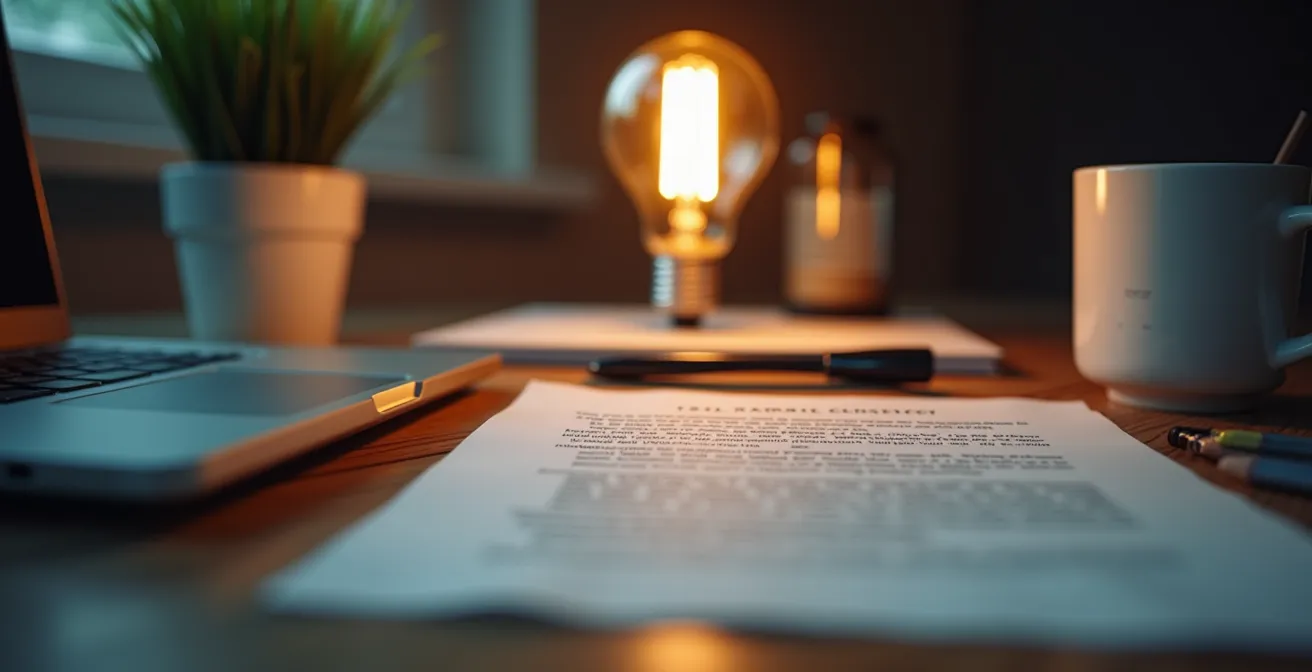 Photographie conceptuelle d'un contrat d'électricité pour auto-entrepreneur avec symboles d'énergie et travail indépendant