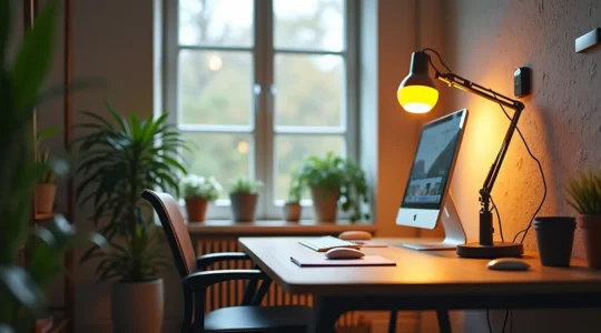 Travailleur indépendant dans son bureau à domicile moderne avec équipements éco-énergétiques