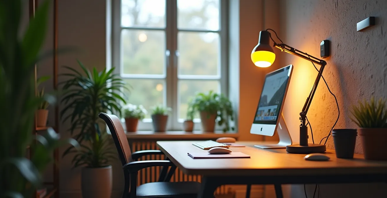 Travailleur indépendant dans son bureau à domicile moderne avec équipements éco-énergétiques
