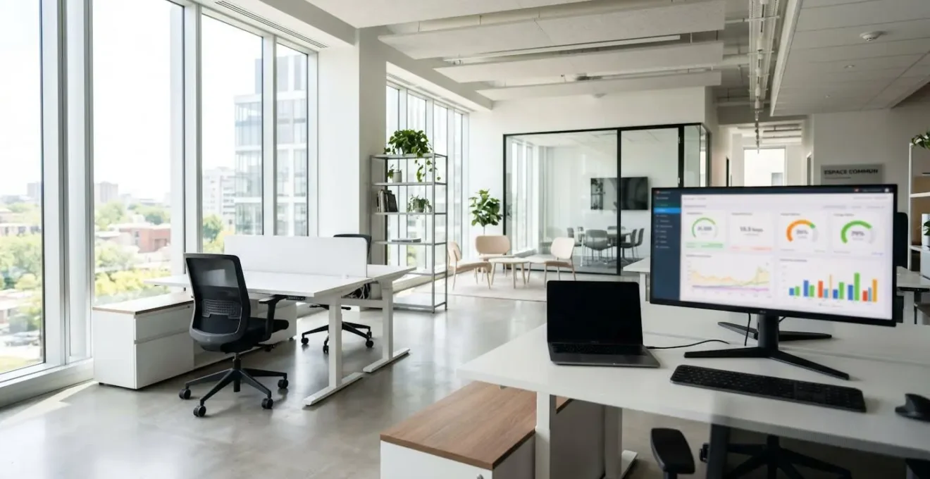 Bureau de PME moderne et lumineux avec large fenêtre, mobilier contemporain sobre et écran affichant un tableau de bord énergie flouté