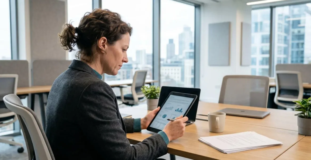 Chef d'entreprise concentré analysant une facture d'énergie sur tablette dans un bureau moderne, vue de trois-quarts arrière