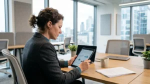 Chef d'entreprise concentré analysant une facture d'énergie sur tablette dans un bureau moderne, vue de trois-quarts arrière