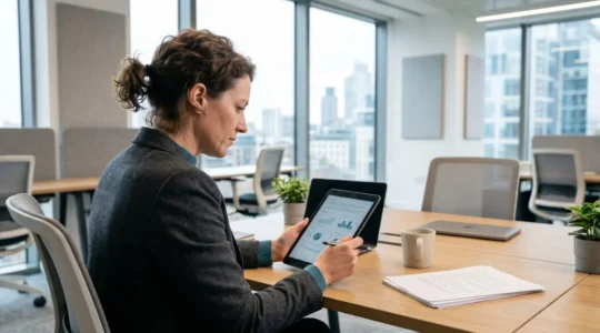 Chef d'entreprise concentré analysant une facture d'énergie sur tablette dans un bureau moderne, vue de trois-quarts arrière