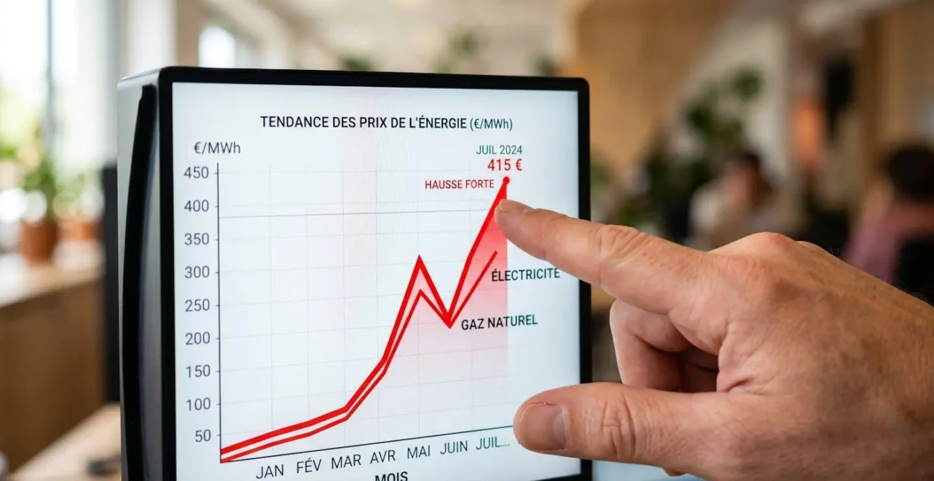 Gros plan sur un doigt pointant un pic de hausse sur un graphique de prix de l'électricité affiché sur un écran d'ordinateur