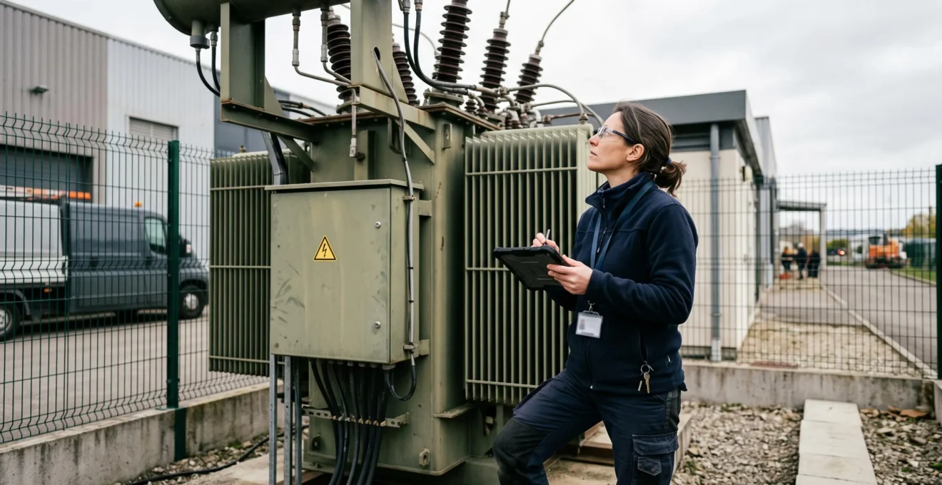 Energy consultant conducting technical audit of electrical transformer installation at commercial facility