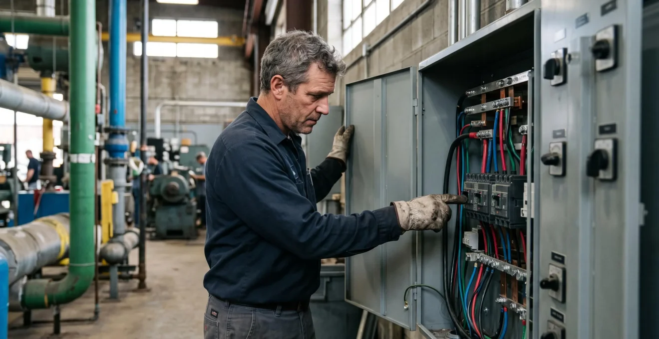 Facility manager inspecting an electrical distribution panel inside a French industrial facility