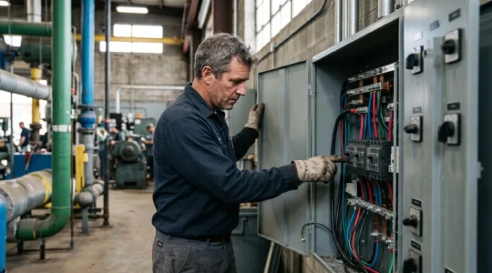Facility manager inspecting an electrical distribution panel inside a French industrial facility