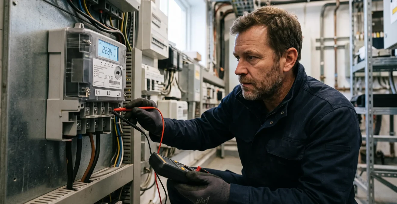 Energy technician using measurement equipment to check readings on a commercial electrical meter