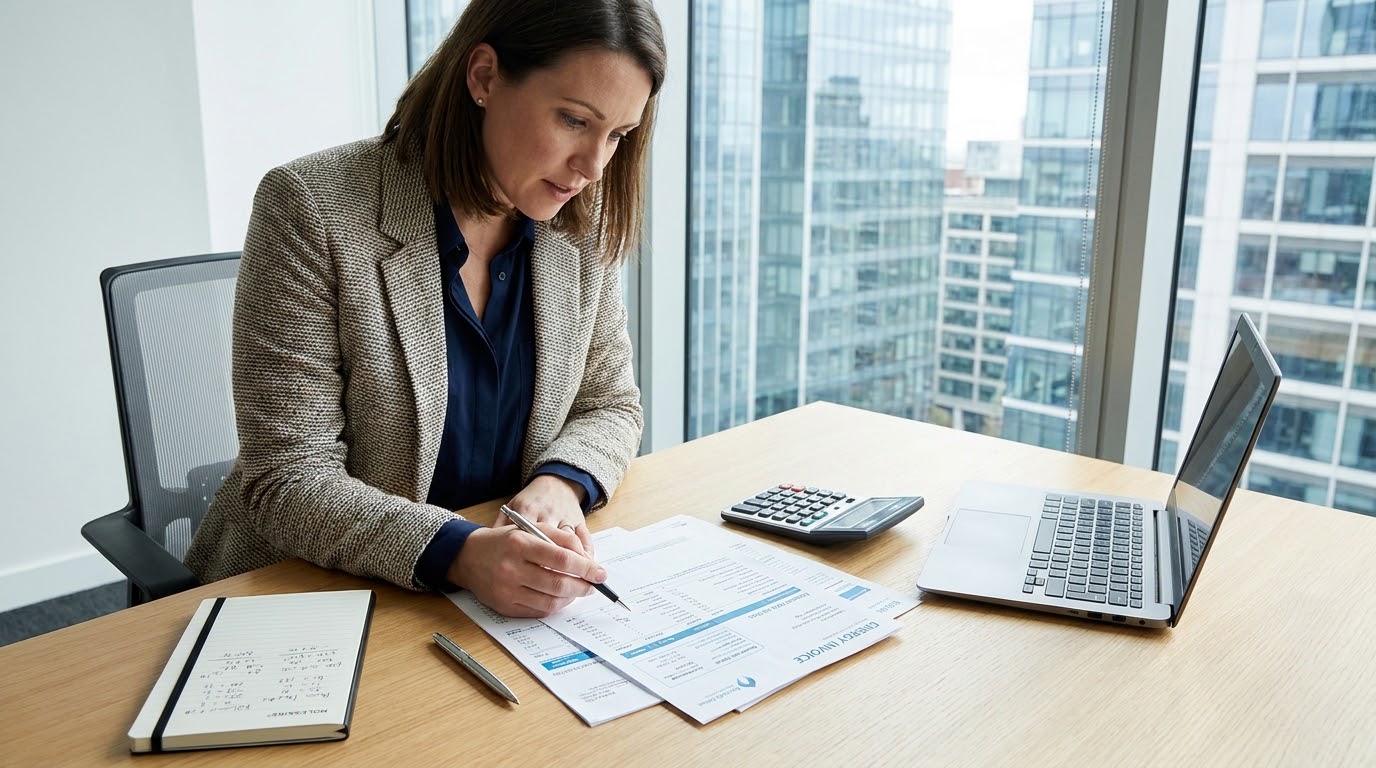 Une main pointe l'index d'un compteur de gaz pendant qu'une autre vérifie un calcul sur une calculatrice et un support de notes.