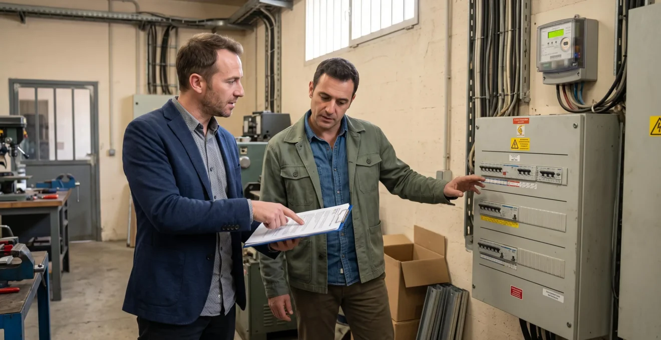 Un courtier en énergie et un dirigeant d'entreprise examinent un contrat d'électricité devant un tableau électrique dans la salle technique d'une entreprise marseillaise.