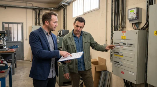 Un courtier en énergie et un dirigeant d'entreprise examinent un contrat d'électricité devant un tableau électrique dans la salle technique d'une entreprise marseillaise.