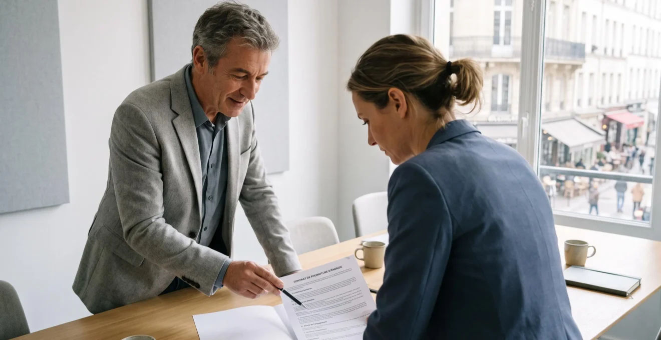 Un courtier en énergie explique une clause de contrat d'électricité à une gestionnaire d'entreprise assise près de la fenêtre.