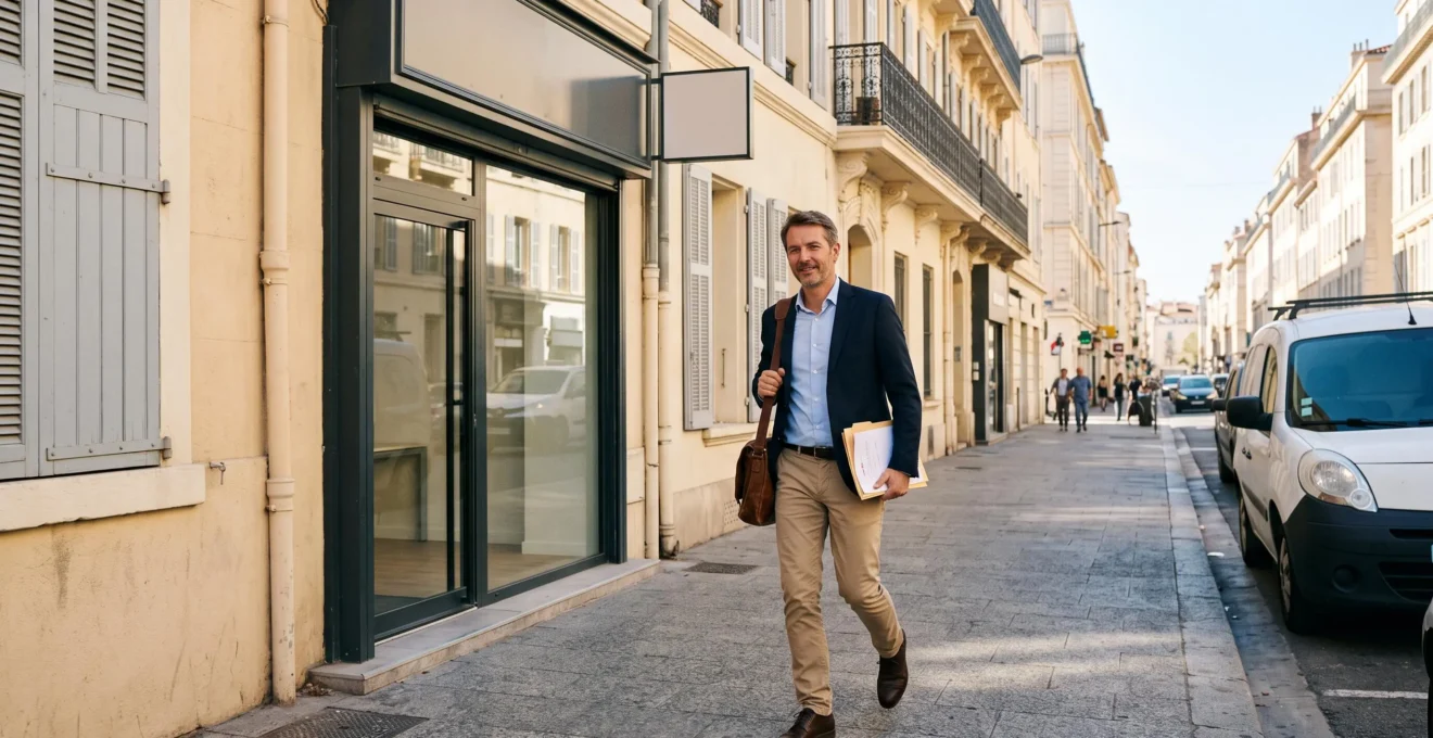 Un courtier en énergie indépendant marchant sur le trottoir d'une rue commerçante de Marseille avec un sac de documents.