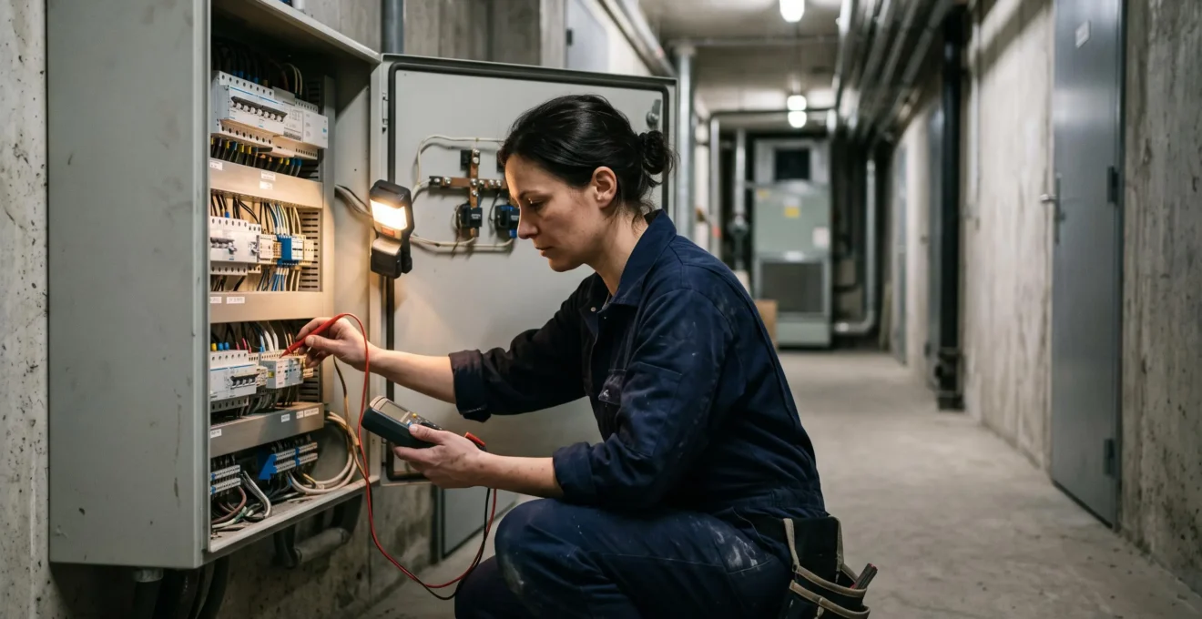 Une électricienne mesure avec un multimètre les bornes d'un compteur électrique dans un couloir technique de bâtiment commercial.