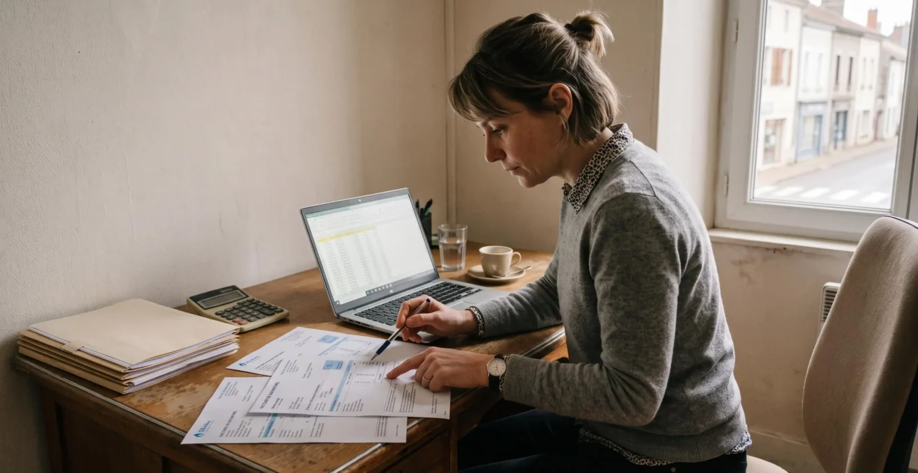 Une gestionnaire assise à son bureau compare des factures de gaz imprimées avec un tableau ouvert sur son ordinateur portable.