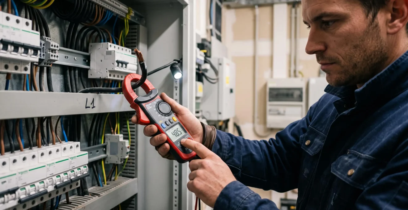 Mains d'un auditeur énergétique utilisant une pince ampèremétrique sur un câble dans un tableau électrique industriel ouvert.