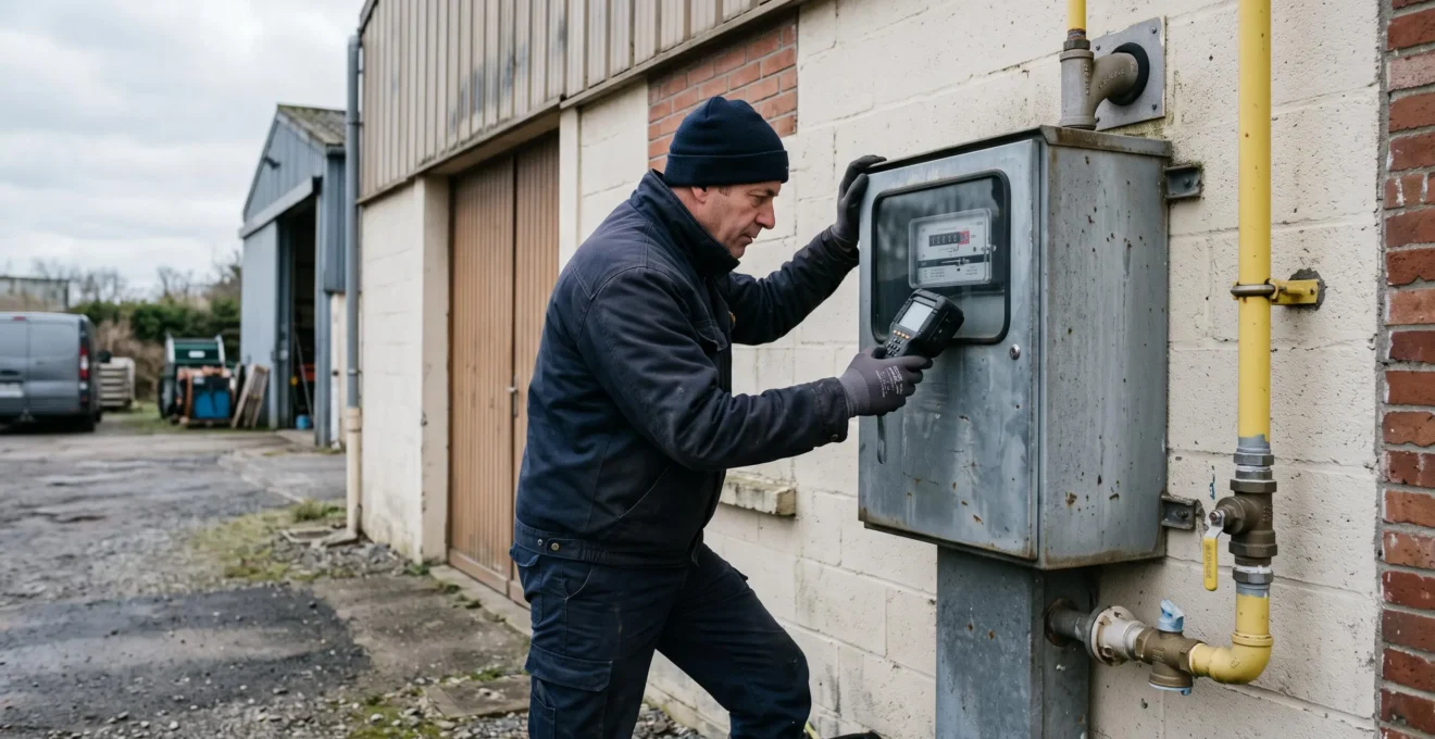 Un technicien relève le compteur de gaz naturel d'un bâtiment industriel en France.