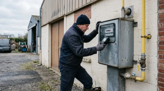 Un technicien relève le compteur de gaz naturel d'un bâtiment industriel en France.