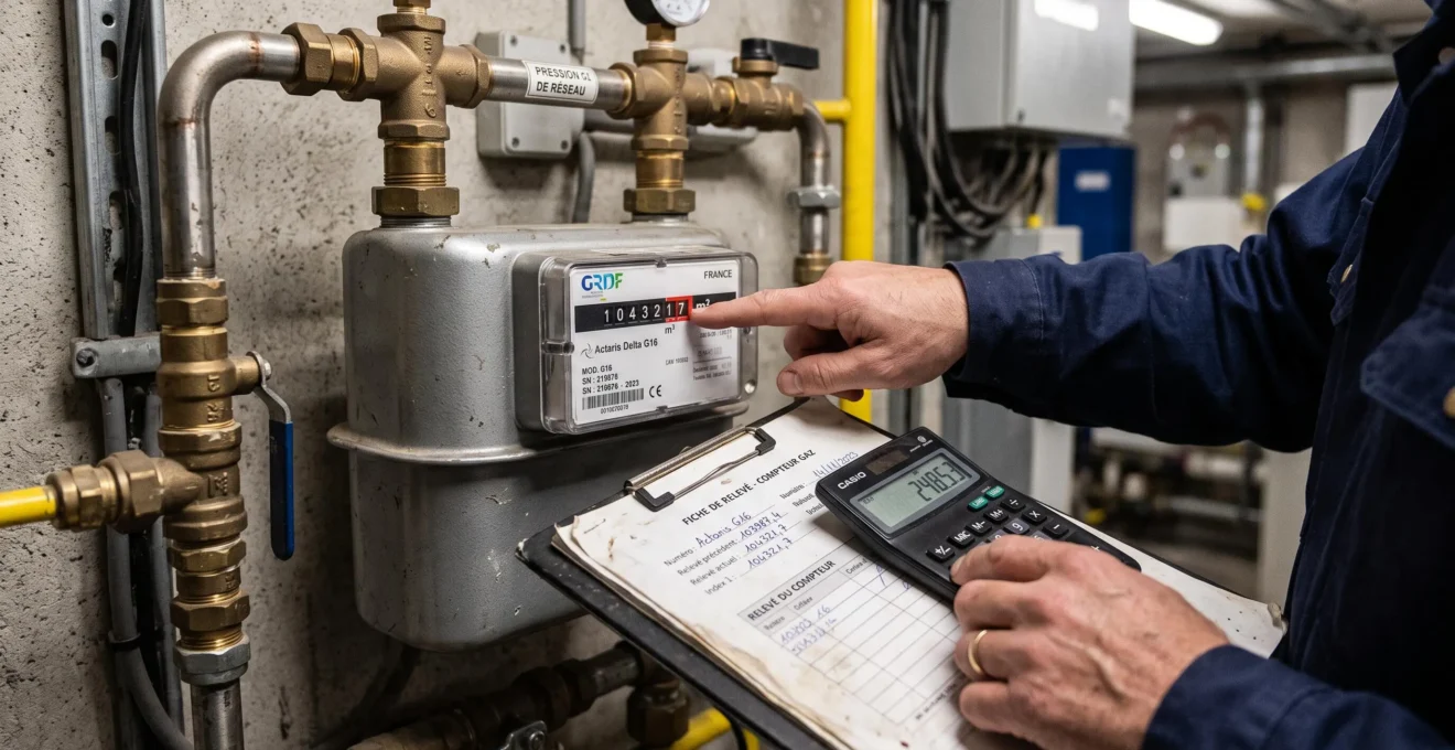 Une main pointe l'index d'un compteur de gaz pendant qu'une autre vérifie un calcul sur une calculatrice et un support de notes.
