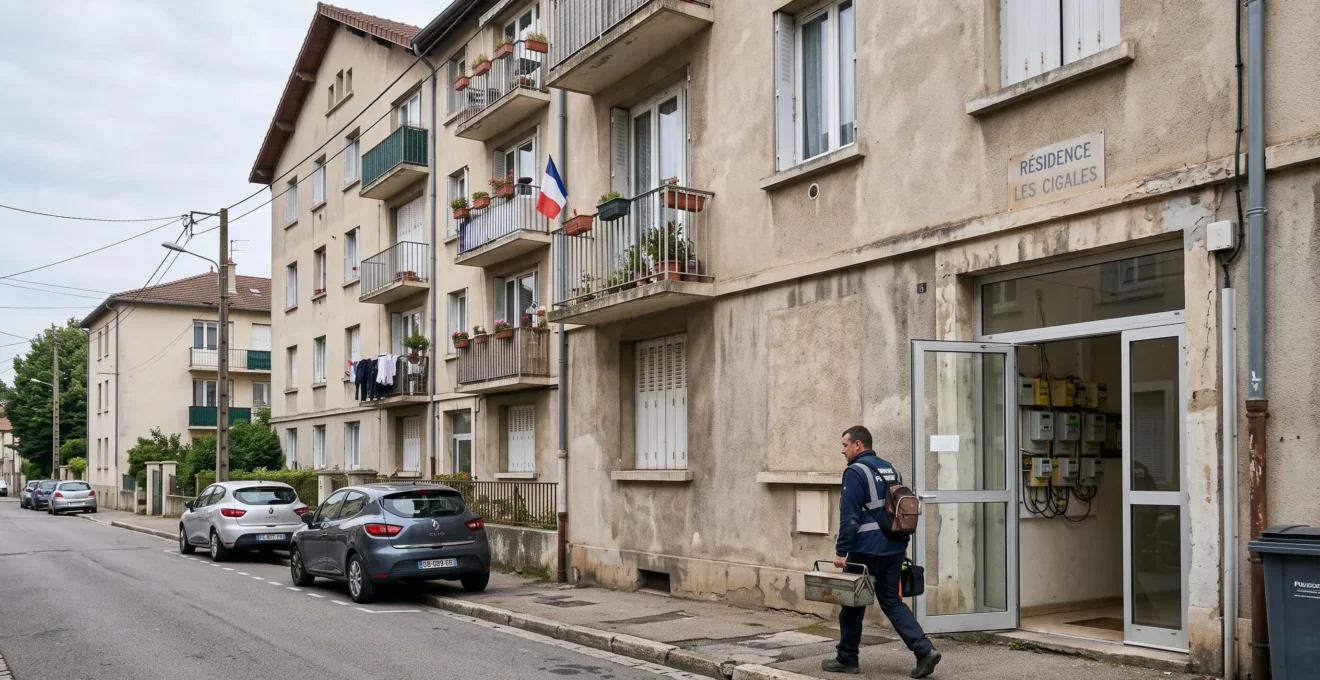 Un technicien s'approche de l'entrée d'une copropriété française avec sa caisse à outils.
