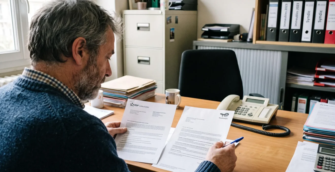 Un gestionnaire compare deux offres de contrat d'énergie posées sur son bureau.