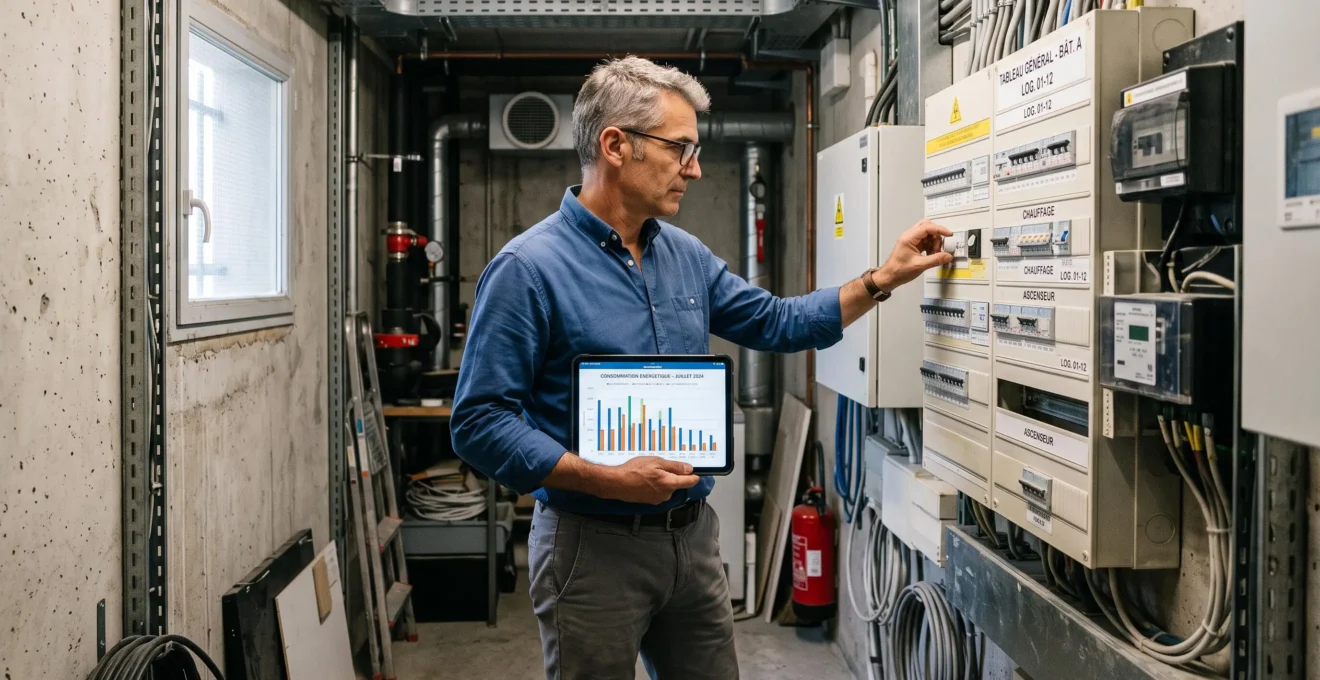 Un gestionnaire immobilier examine un tableau électrique dans une zone technique d'un immeuble.