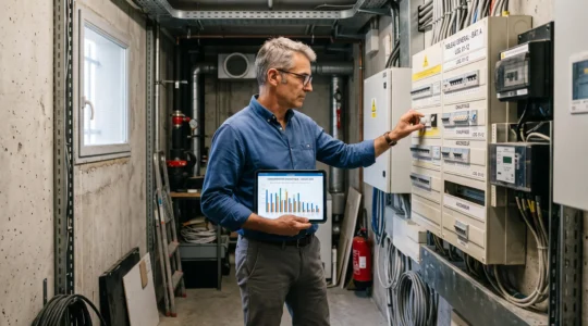 Un gestionnaire immobilier examine un tableau électrique dans une zone technique d'un immeuble.